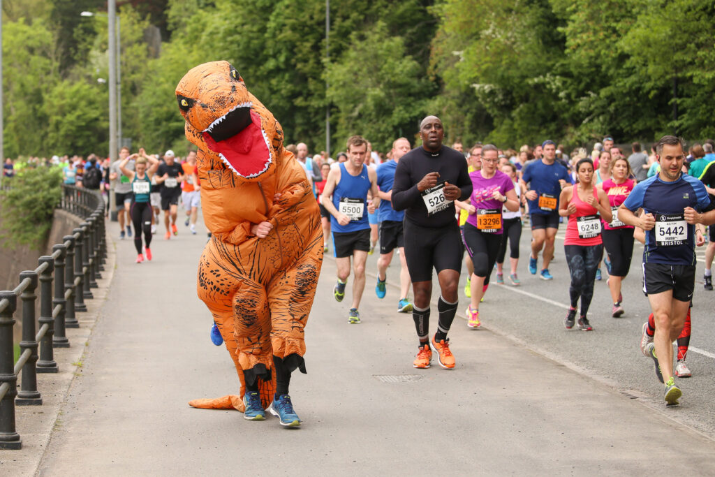 Tyrannosaurus Rex running the Bristol 10K